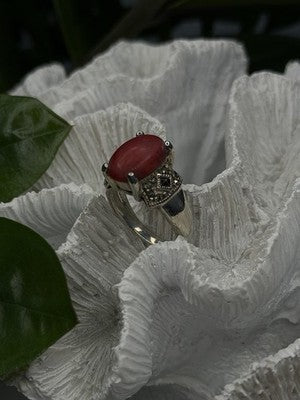 Vintage 925 Sterling Silver Red Jade & Marcasite Ring Size 6.5