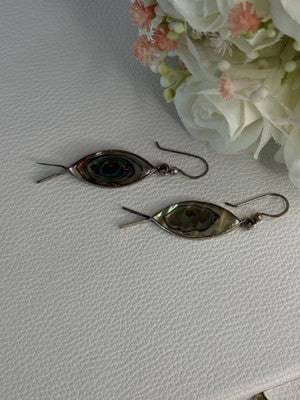 925 Sterling Silver Abalone Fish Earrings Length 2 Inch