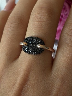 925 Sterling Silver Gold Plated Black Spinel Ring Size 9