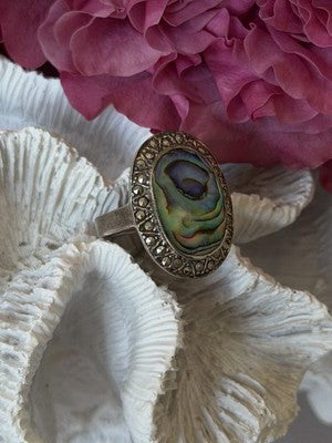 Vintage 925 Sterling Silver Abalone & Marcasite Ring Size 9