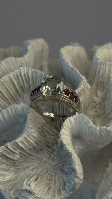 925 Sterling Silver Cushion-Cut Aquamarine & Pink Tourmaline Ring Size 9