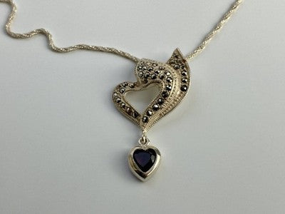 925 Sterling Silver Almandine & Marcasites Chain With Pendant