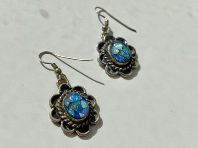 Vintage 925 Sterling Silver Mosaic Opal Earrings