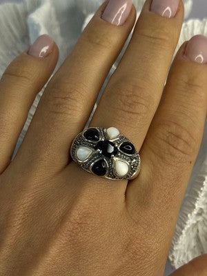925 Sterling Silver Onyx Abalone & Marcasite Ring Size 10