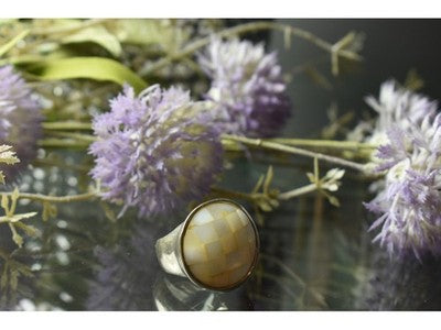 925 Sterling Silver Mother OF Pearl Mosaic Ring Size 8 Italy