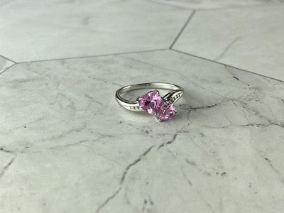 925 Sterling Silver Pink Topaz "Hearts" Ring Size 7