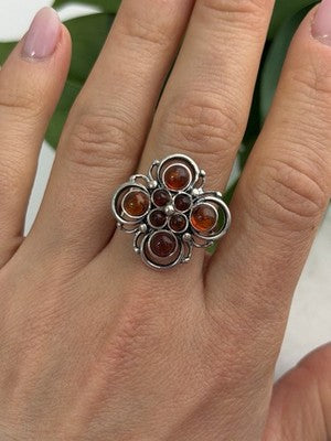 925 Sterling Silver Amber Flower Ring Size 9.5