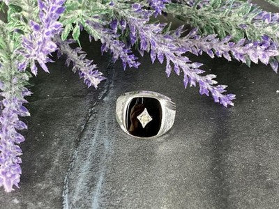 925 Sterling Silver Black Nephrite & CZ Ring Size 9