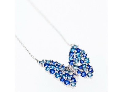 925 Sterling Silver Aquamarine & Tourmaline "Butterfly" Necklace