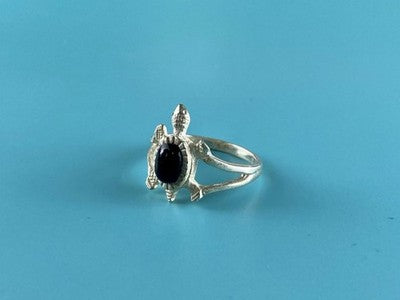 925 Sterling Silver Black Onyx "Turtle" Ring Size 5.5