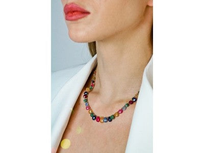 925 Sterling Silver Gold Plated Agates "Mood" Necklace Italy