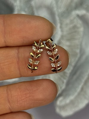 14K YELLOW GOLD DIAMONDS LEAF EARRINGS LENGTH 0.7 INCH