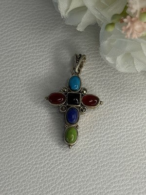 925 Sterling Silver Onyx Turquoise Agate Cross Length 1.60 Inch