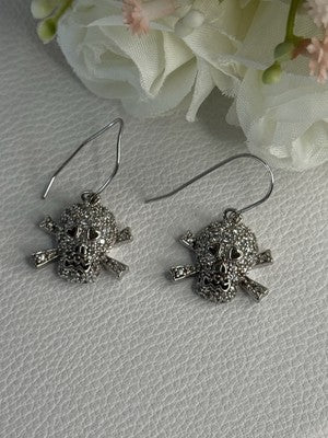 925 Sterling Silver Skull CZ Earrings Length 1.10 Inch