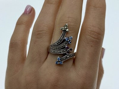 925 Sterling Silver Peridot, Topaz, Spinel & Marcasites Ring Size 6