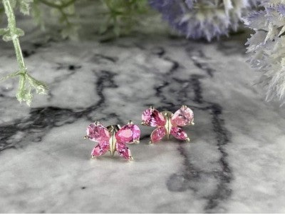 925 Sterling Silver Pink CZ "Butterfly" Stud Earrings Italy