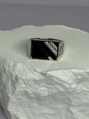 925 Sterling Silver Black Enamel & CZ Men'S Ring Size 11