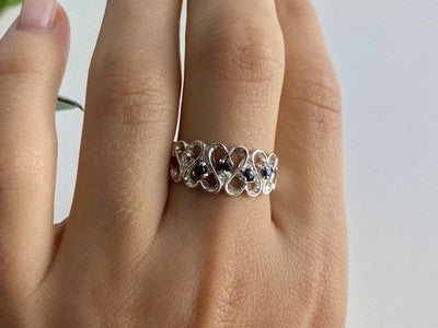 925 Sterling Silver Sapphires "Hearts" Ring Size 9.5