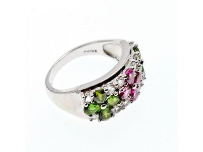 925 Sterling Silver Emerald, Pink Topaz & Goshenite "Flowers" Ring Size 7.5