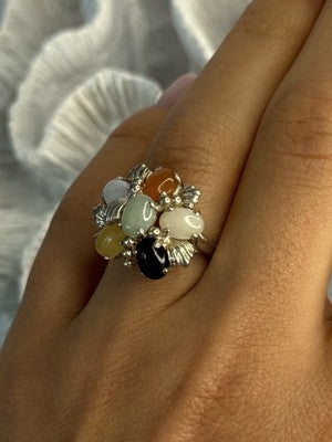 925 Sterling Silver 6 Colors Of Jade Flower Ring Size 8, 9
