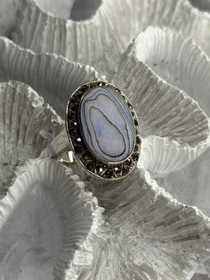 925 Sterling Silver Abalone & Marcasite Ring Size 9