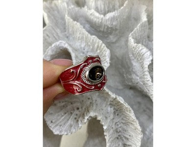 925 Sterling Silver Hessonite & Red Enamel Ring Size 9.5
