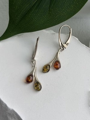 925 Sterling Silver Green & Orange Amber Earrings