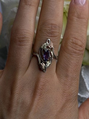 Vintage Grapevine Leaf Design 925 Sterling Silver Amethyst Ring Size 8