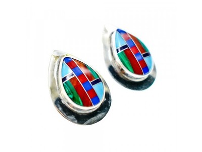 Vintage 925 Sterling Silver Agate Mosaic Stud Earrings