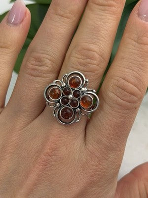 925 Sterling Silver Amber Flower Ring Size 9.5