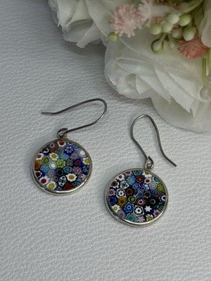 Murano Venice Millefiori 925 Sterling Silver Earrings Length 1.60 Inch