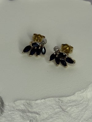 14K Yellow Gold Sapphire & Diamond Dream Earrings Length 0.4 Inch