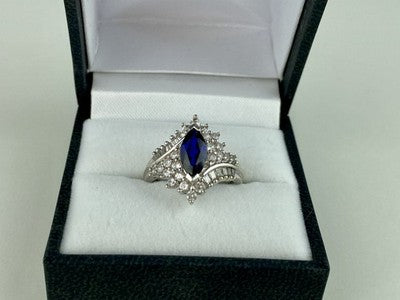 925 Sterling Silver Sapphire & CZ Ring Size 6.5