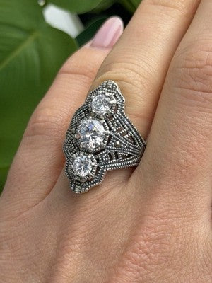 Vintage 925 Sterling Silver Cz & Marcasite Ring Size 6