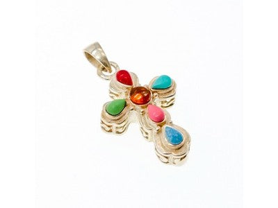 925 Sterling Silver Multicolor Agate Cross Pendant