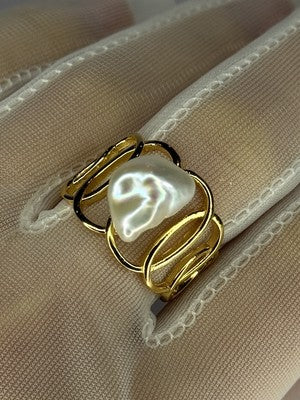 925 Sterling Silver Gold Plated Pearl  Ring Size Adjustable