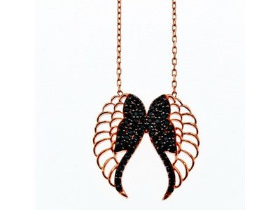925 Sterling Silver Gold Plated Black CZ "Angel's Wings" Necklace