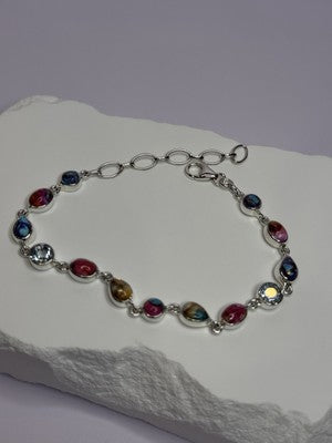 925 Sterling Silver Oyster Turquoise & Topaz Bracelet Length 6-8 Inch