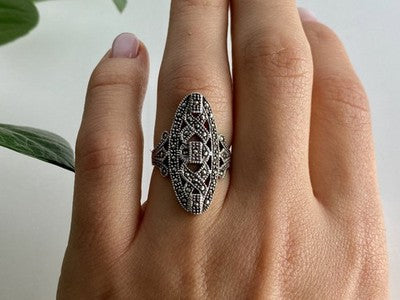 925 Sterling Silver Marcasites Ring Size 6.5