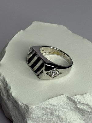 925 Sterling Silver Black Enamel & CZ Men'S Ring Size 11
