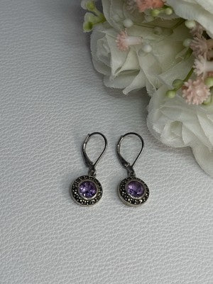 925 Sterling Silver Amethyst & Marcasite Earrings Length 1.12 Inch