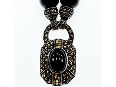 Vintage 925 Sterling Silver Black Jade and Marcasites Necklace