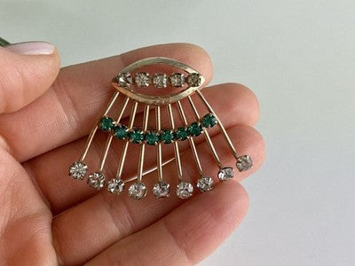 Vintage 925 Sterling Silver White & Green Jewelry Glass "Fan" Brooch