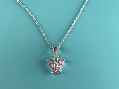 925 Sterling Silver Pink CZ "Butterfly" Chain With Pendant Italy