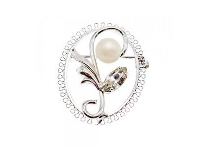 925 Sterling Silver Pearl and CZ "Flower" Brooch