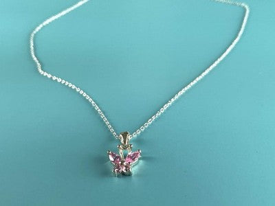 925 Sterling Silver Pink CZ "Butterfly" Chain With Pendant Italy