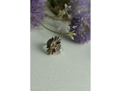 925 Sterling Silver Heliodor, Almandine & Marcasites Ring Size 8
