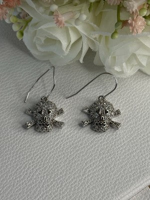 925 Sterling Silver Skull CZ Earrings Length 1.10 Inch