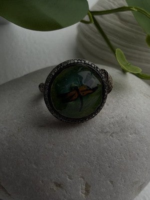 Vintage Nature Art 925 Sterling Silver Dragonfly Resin Ring Size 6.5
