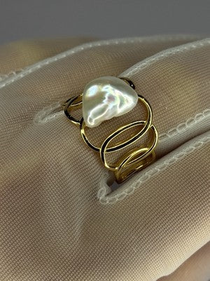 925 Sterling Silver Gold Plated Pearl  Ring Size Adjustable